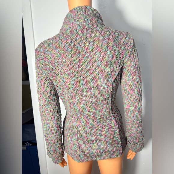 Cozy Pink and Green Button-Up Turtleneck Sweater - Picture 4 of 8